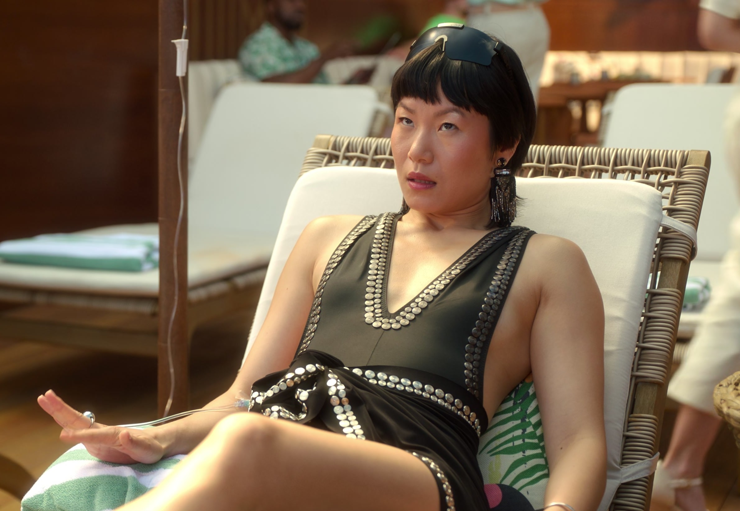 Worn on Death and Other Details TV Show - Studded V-Neck One-Piece Swimsuit of Karoline as Eleanor Chun