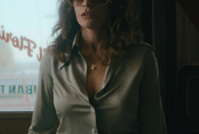 Soft Satin Button-Down Shirt in Sage Worn by Sofía Vergara as Griselda Blanco