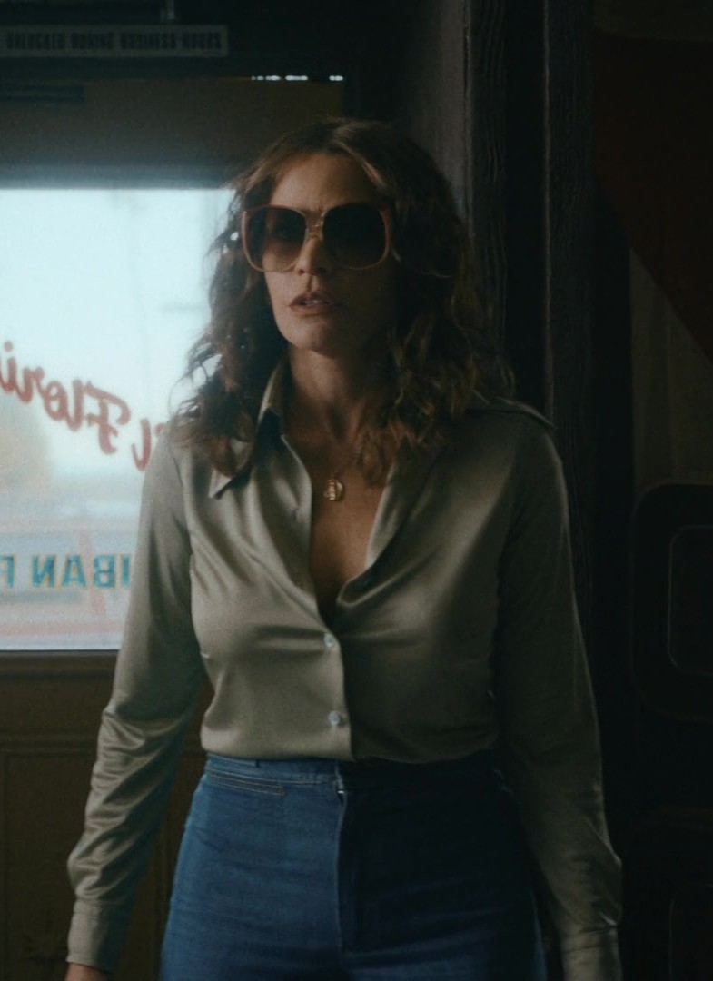 Soft Satin Button-Down Shirt in Sage Worn by Sofía Vergara as Griselda Blanco