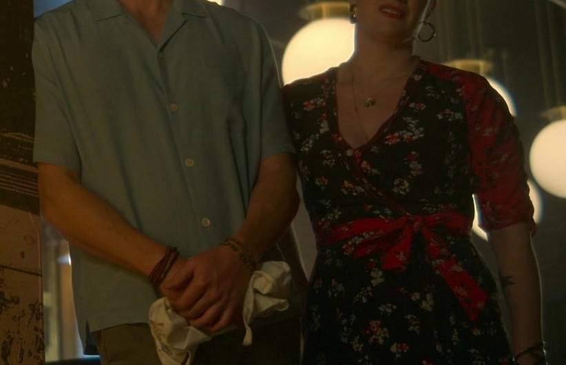 Vintage-Inspired Red and Black Floral Wrap Dress with Tie Waist Worn by Emma Hunton as Davia Moss