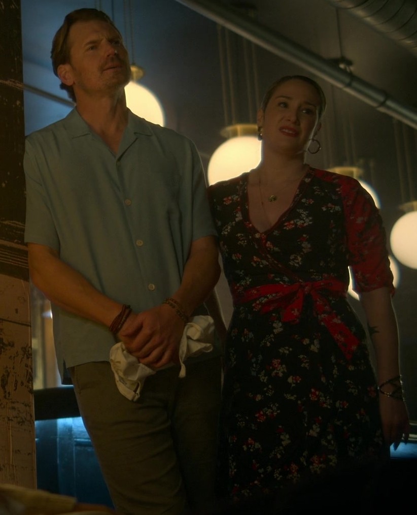 Worn on Good Trouble TV Show - Vintage-Inspired Red and Black Floral Wrap Dress with Tie Waist Worn by Emma Hunton as Davia Moss