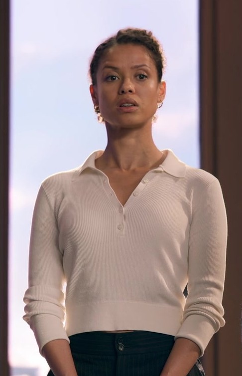 Soft White Long Sleeve Ribbed Top Worn by Gugu Mbatha-Raw as Abby from Lift (2024) Movie