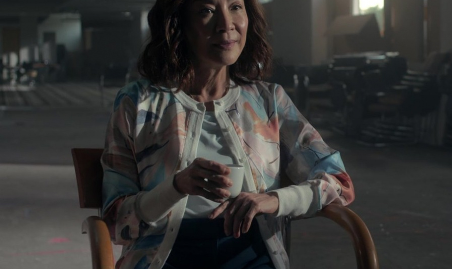 Abstract Pastel Woven Detail Printed Cardigan Worn by Michelle Yeoh as Eileen “Mama” Sun