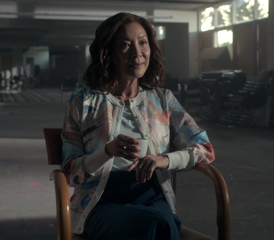 Abstract Pastel Woven Detail Printed Cardigan Worn by Michelle Yeoh as Eileen "Mama" Sun from The Brothers Sun TV Show