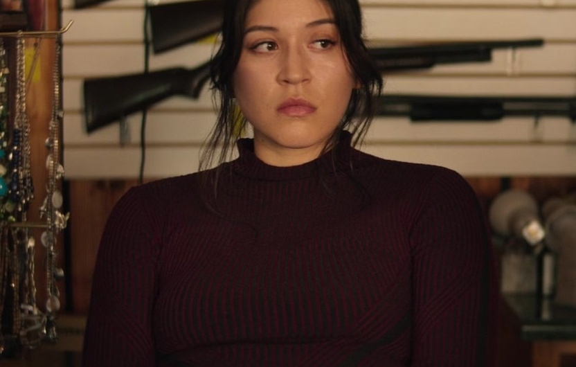 Burgundy Ribbed Mock Neck Sweater of Alaqua Cox as Maya Lopez