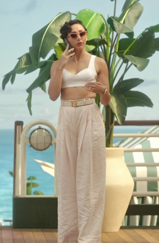 White V-Neck Bralette with Thick Straps of Lauren Patten as Anna Collier from Death and Other Details TV Show