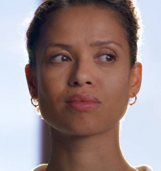 Worn on Lift (2024) Movie - Gold Hoops with Sparkling Crystal Accents Worn by Gugu Mbatha-Raw as Abby