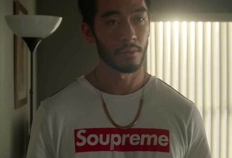 White Graphic Tee with Soupreme and Red Soup Bowl Logo Worn by Justin Chien as Charles Sun