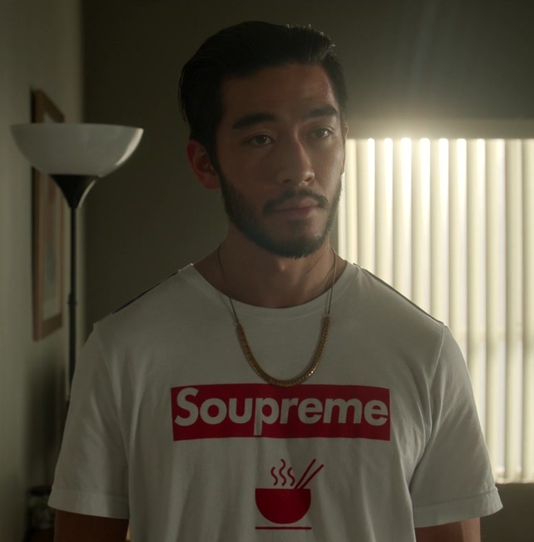 White Graphic Tee with Soupreme and Red Soup Bowl Logo Worn by Justin Chien as Charles Sun from The Brothers Sun TV Show