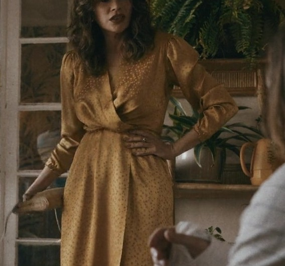 Mustard Yellow Wrap Dress with Polka Accents Worn by Sofía Vergara as Griselda Blanco