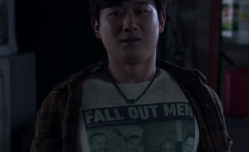 Retro Music Lovers Tee with Iconic Fall Out Men Band Graphic Worn by Sam Song Li as Bruce Sun