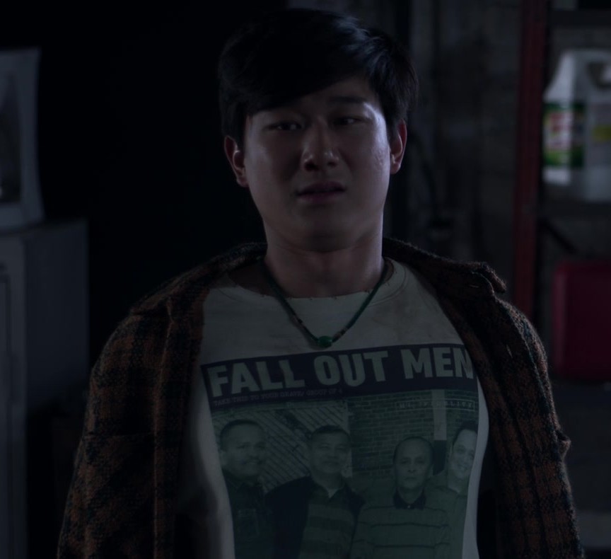 Retro Music Lovers Tee with Iconic Fall Out Men Band Graphic Worn by Sam Song Li as Bruce Sun from The Brothers Sun TV Show