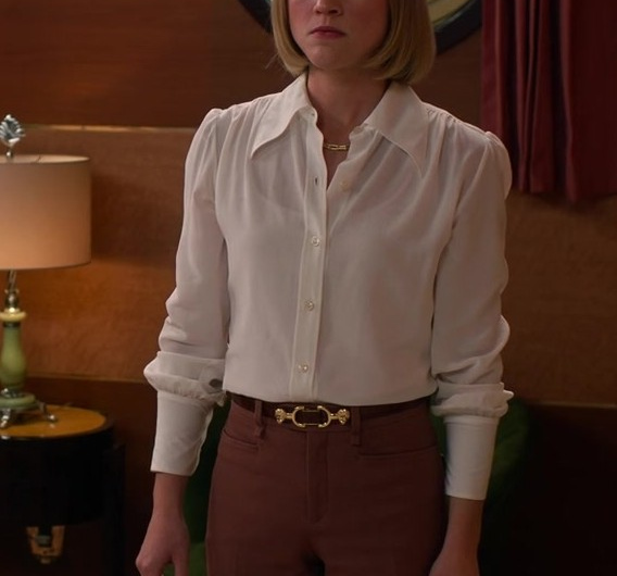 White Silk Blouse with Button-Down Front Worn by Violett Beane as Imogene Scott