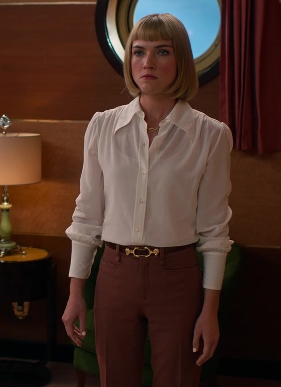 white silk blouse with button-down front - Violett Beane (Imogene Scott) - Death and Other Details TV Show