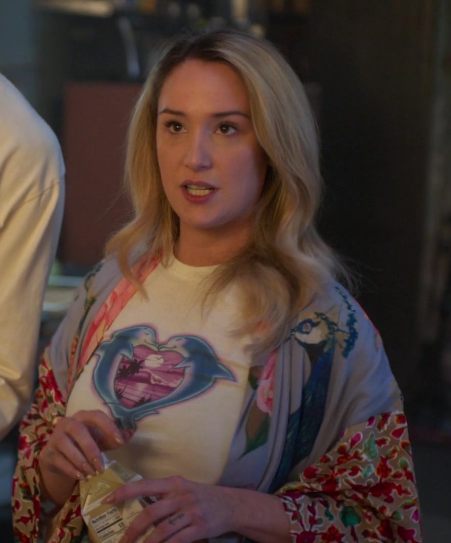 Worn on Good Trouble TV Show - Dolphins Heart Graphic Tee of Emma Hunton as Davia Moss