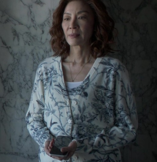 Bird and Botanical Print Cardigan of Michelle Yeoh as Eileen “Mama” Sun