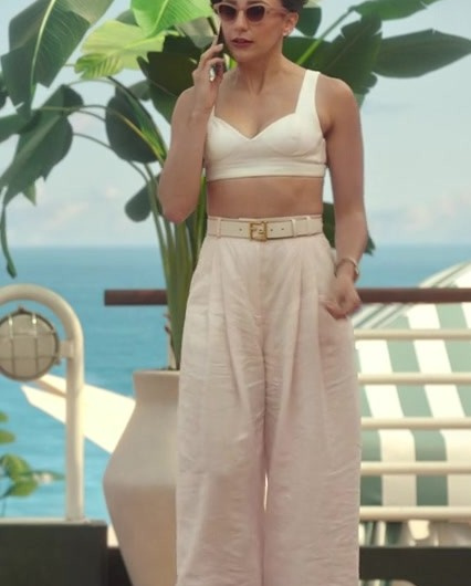 High-Waisted Cream Linen Wide-Leg Trousers Worn by Lauren Patten as Anna Collier