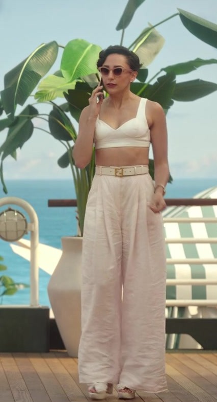 High-Waisted Cream Linen Wide-Leg Trousers Worn by Lauren Patten as Anna Collier from Death and Other Details TV Show