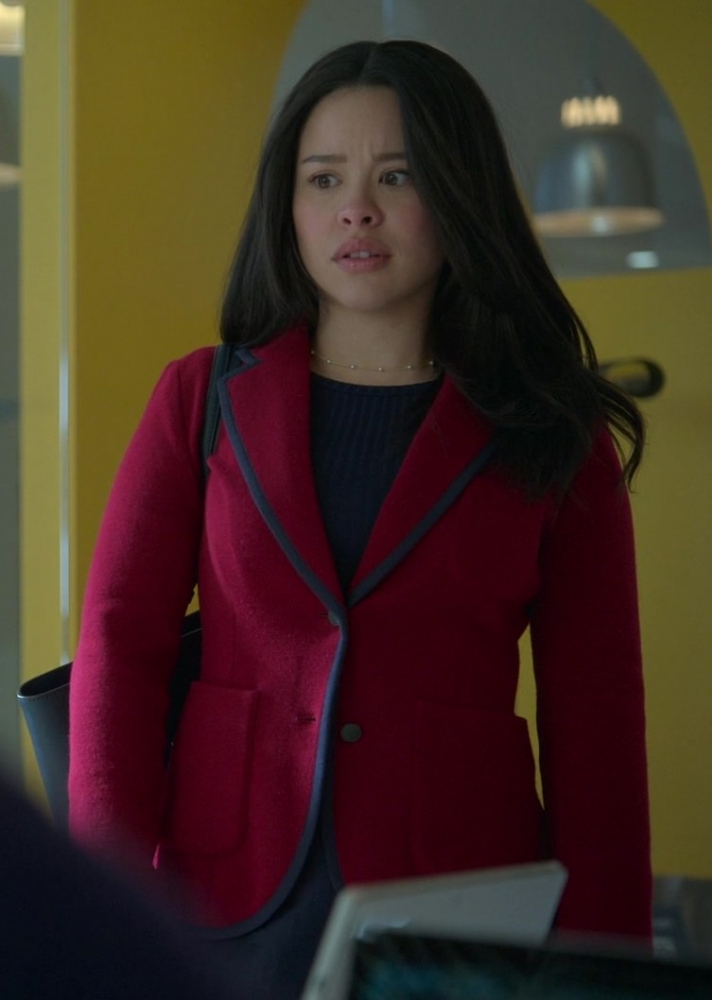 Fuchsia Tailored Wool-Blend Jacket with Navy Blue Piping Worn by Cierra Ramirez as Mariana Adams Foster from Good Trouble TV Show