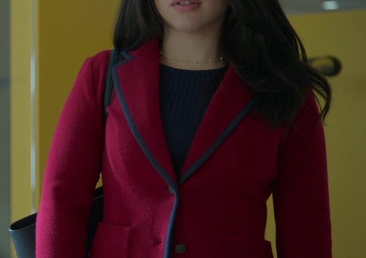 Fuchsia Tailored Wool-Blend Jacket with Navy Blue Piping Worn by Cierra Ramirez as Mariana Adams Foster