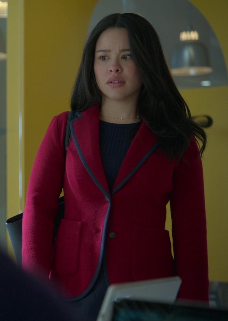 Worn on Good Trouble TV Show - Fuchsia Tailored Wool-Blend Jacket with Navy Blue Piping Worn by Cierra Ramirez as Mariana Adams Foster