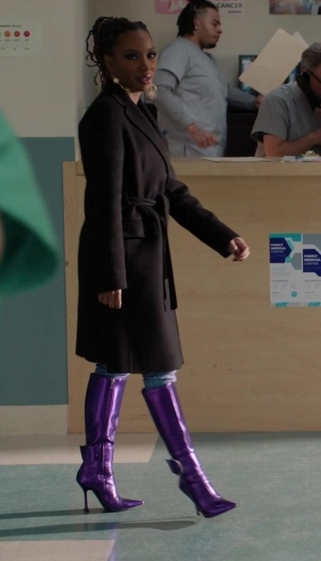 Worn on Found TV Show - High-Gloss Purple Knee-High Boots with Stiletto Heels Worn by Shanola Hampton as Gabrielle "Gabi" Mosely