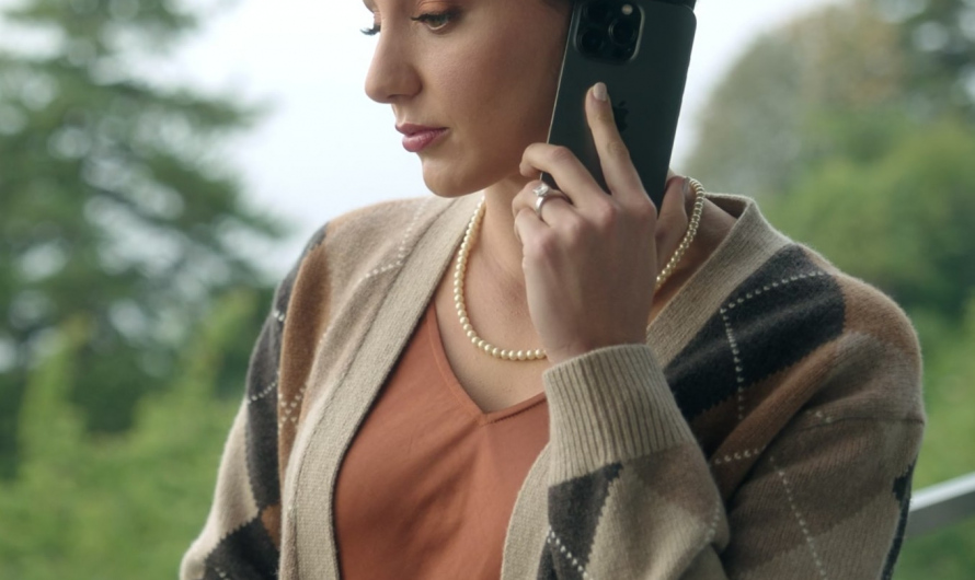 Beige and Brown Argyle Pattern Cardigan Worn by Lauren Patten as Anna Collier
