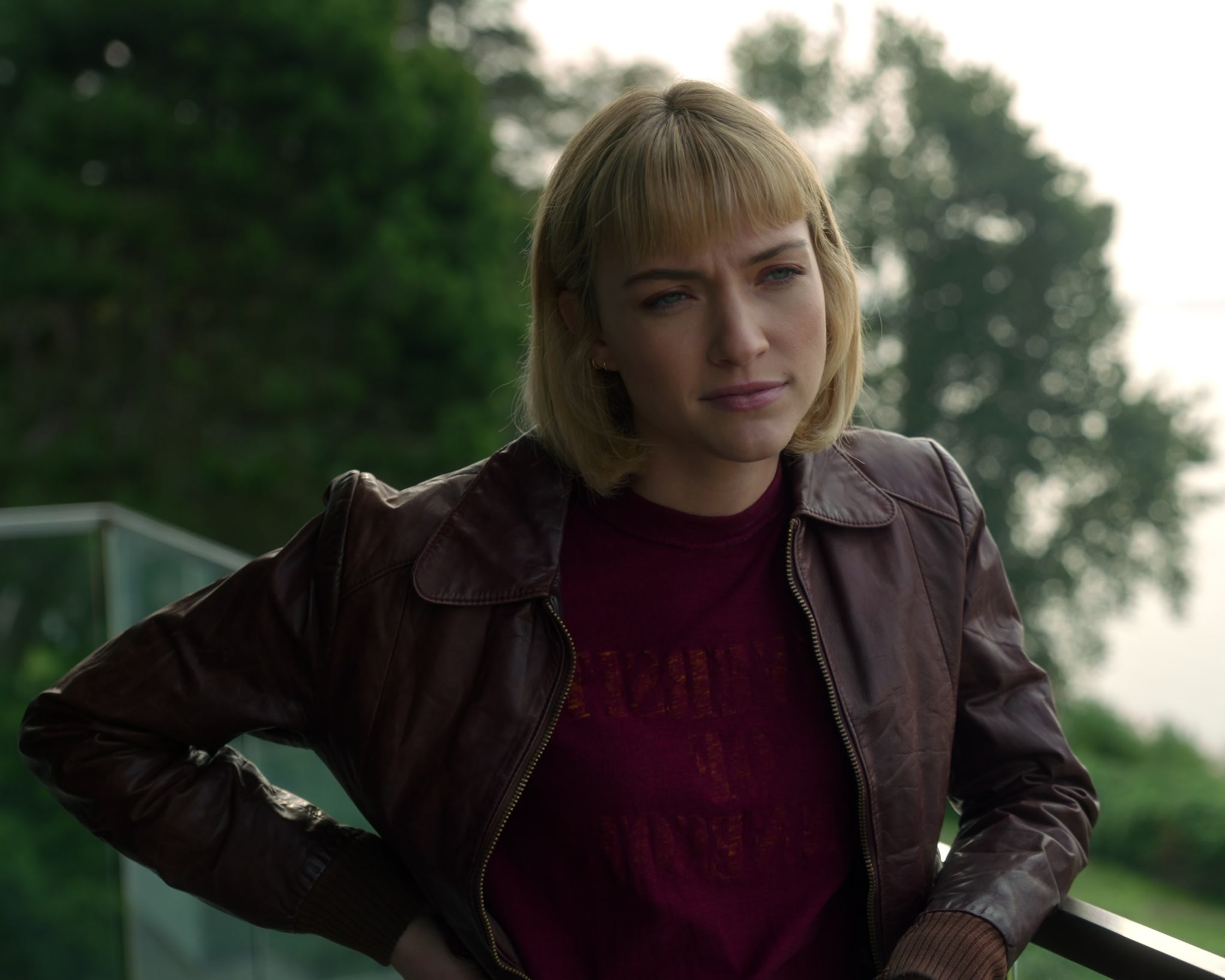 Worn on Death and Other Details TV Show - Brown Leather Jacket of Violett Beane as Imogene Scott