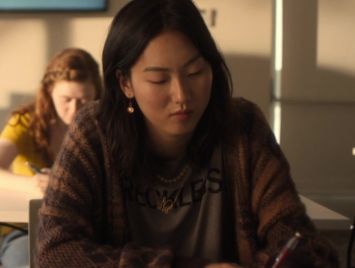 Brown Open Front Cardigan Worn by Madison Hu as Grace
