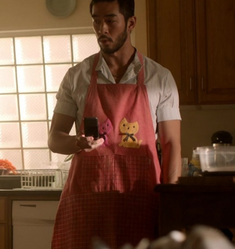 Worn on The Brothers Sun TV Show - Cute Cartoon Cat Character Pink Kitchen Apron of Justin Chien as Charles Sun