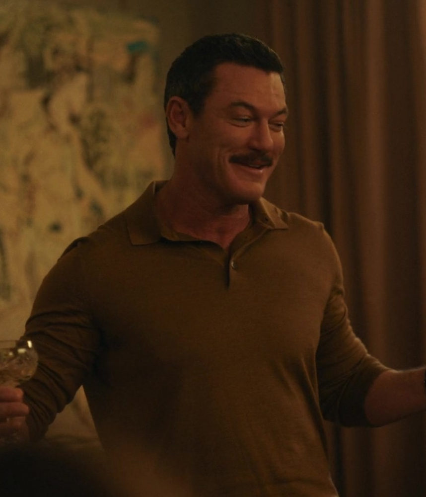 Brown Long Sleeve Polo Shirt Worn by Luke Evans as Oliver from Good Grief (2023) Movie
