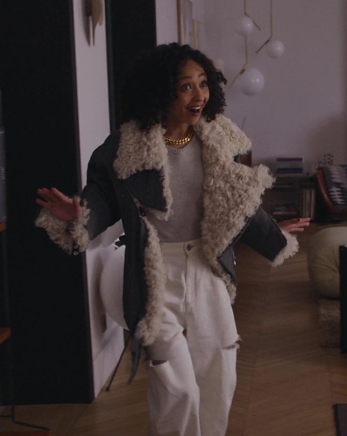 Grey Oversized Sherpa Line Coat Worn by Ruth Negga as Sophie from Good Grief (2023) Movie