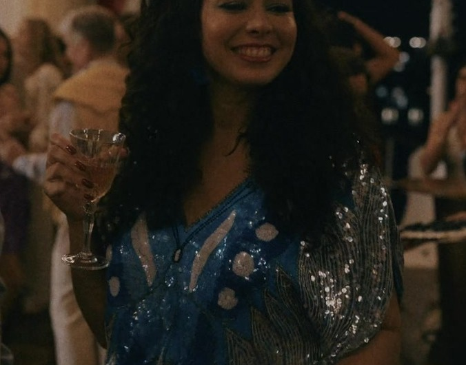 Sparkling Sequin Embellished Blouse with Floral Motifs Worn by Aurora Cossio as Estella