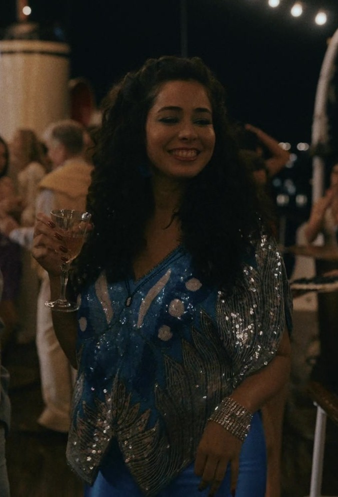 Sparkling Sequin Embellished Blouse With Floral Motifs Worn By Aurora Cossio As Estella In Griselda 