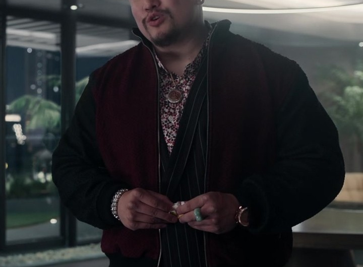 Burgundy and Black Bomber Jacket Worn by Jon Xue Zhang as Blood Boots