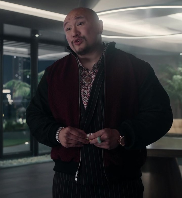 Burgundy and Black Bomber Jacket Worn by Jon Xue Zhang as Blood Boots