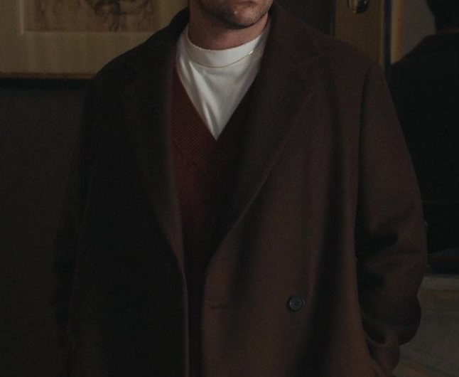 Chocolate Brown Double-Breasted Wool Coat of Daniel Levy as Marc