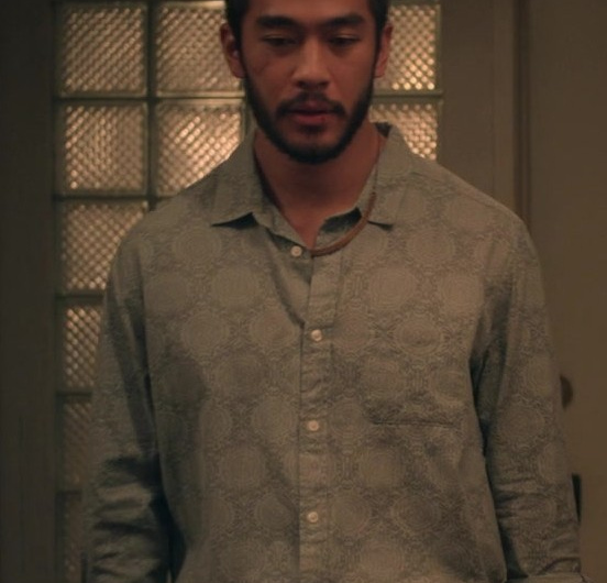 Paisley Patterned Grey Button-Down Shirt Worn by Justin Chien as Charles Sun
