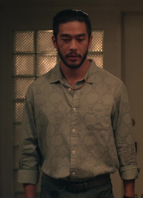 Worn on The Brothers Sun TV Show - Paisley Patterned Grey Button-Down Shirt Worn by Justin Chien as Charles Sun