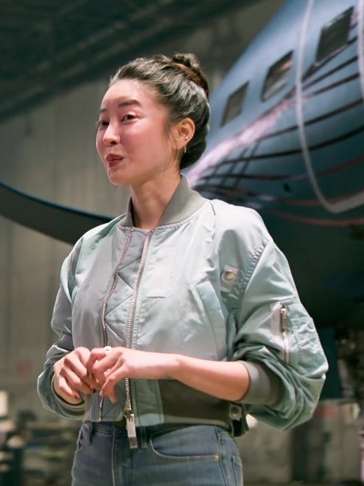 Light Green Cropped Bomber Jacket Worn by Kim Yoon-ji as Mi-Sun from Lift (2024) Movie
