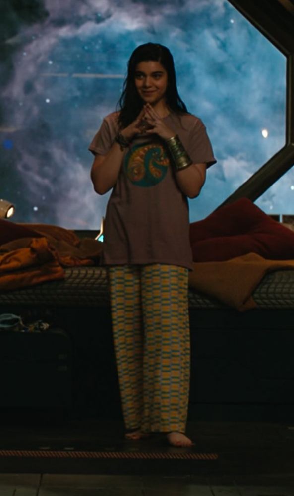 relaxed fit cotton lounge pants with unique geometric design - Iman Vellani (Kamala Khan / Ms. Marvel) - The Marvels (2023) Movie