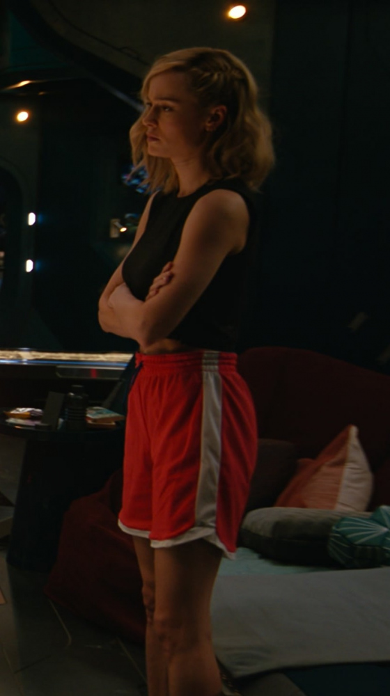 High-Waisted Red Athletic Shorts with White Trim Worn by Brie Larson as Carol Danvers / Captain Marvel