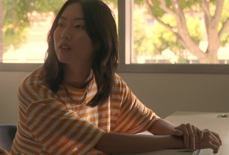 White and Orange Striped Oversized Tee of Madison Hu as Grace