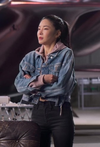 Blue Wash Cropped Denim Jacket Worn by Kim Yoon-ji as Mi-Sun from Lift (2024) Movie