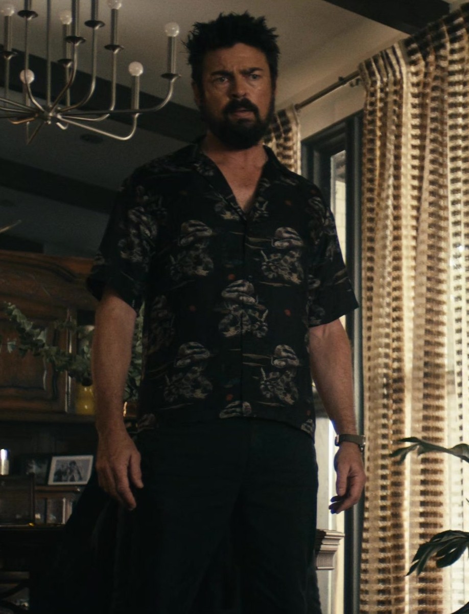 Rattlesnake Print Black Short Sleeve Shirt Worn by Karl Urban as Billy Butcher