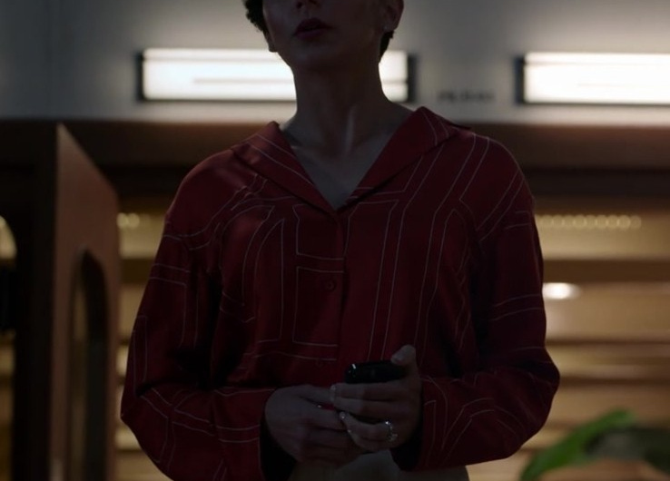 Red Button-Up Top with White Pinstripe Detail Worn by Lauren Patten as Anna Collier