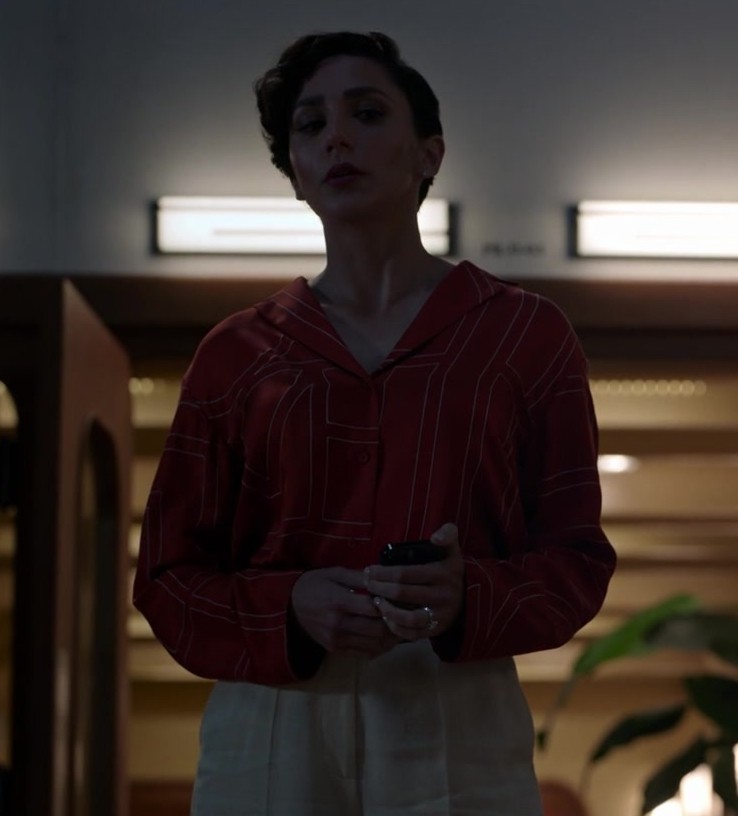 red button-up top with white pinstripe detail - Lauren Patten (Anna Collier) - Death and Other Details TV Show