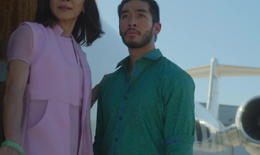 Green Patterned Button-Up Shirt with Blue Accents Worn by Justin Chien as Charles Sun