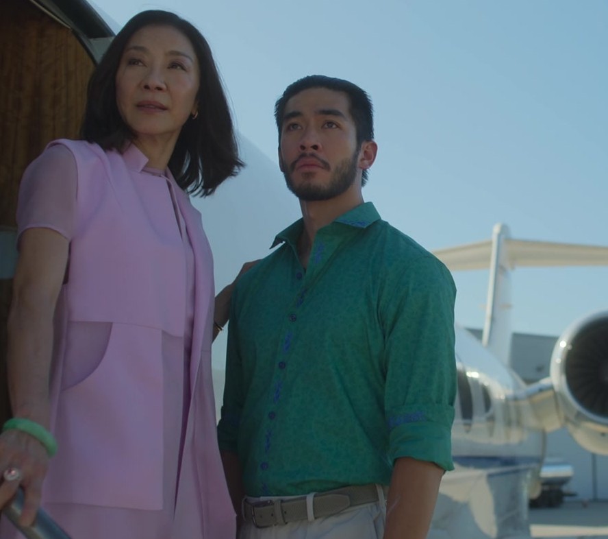 Green Patterned Button-Up Shirt with Blue Accents Worn by Justin Chien as Charles Sun