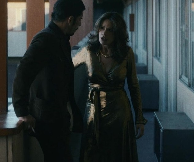 Golden Satin Wrap Dress of Sofía Vergara as Griselda Blanco